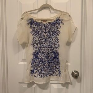 A sheer Barashci top from Anthropologie. Size small but it is a loose fit